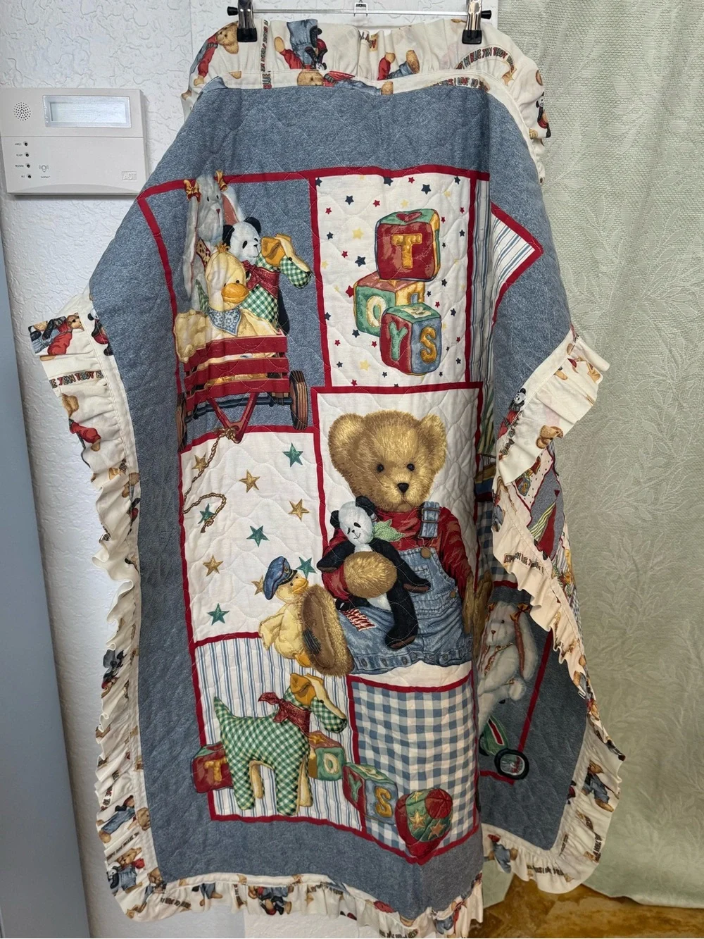 Vintage Teddy Bear Patchwork Baby Quilt in Blue, Red, Cream
